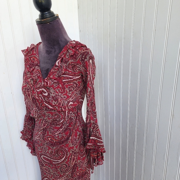 Express Red Paisley 100% silk Ruffle neck Flounch Sleeves Cinch Waist Dress 1/ 2 - Picture 2 of 14